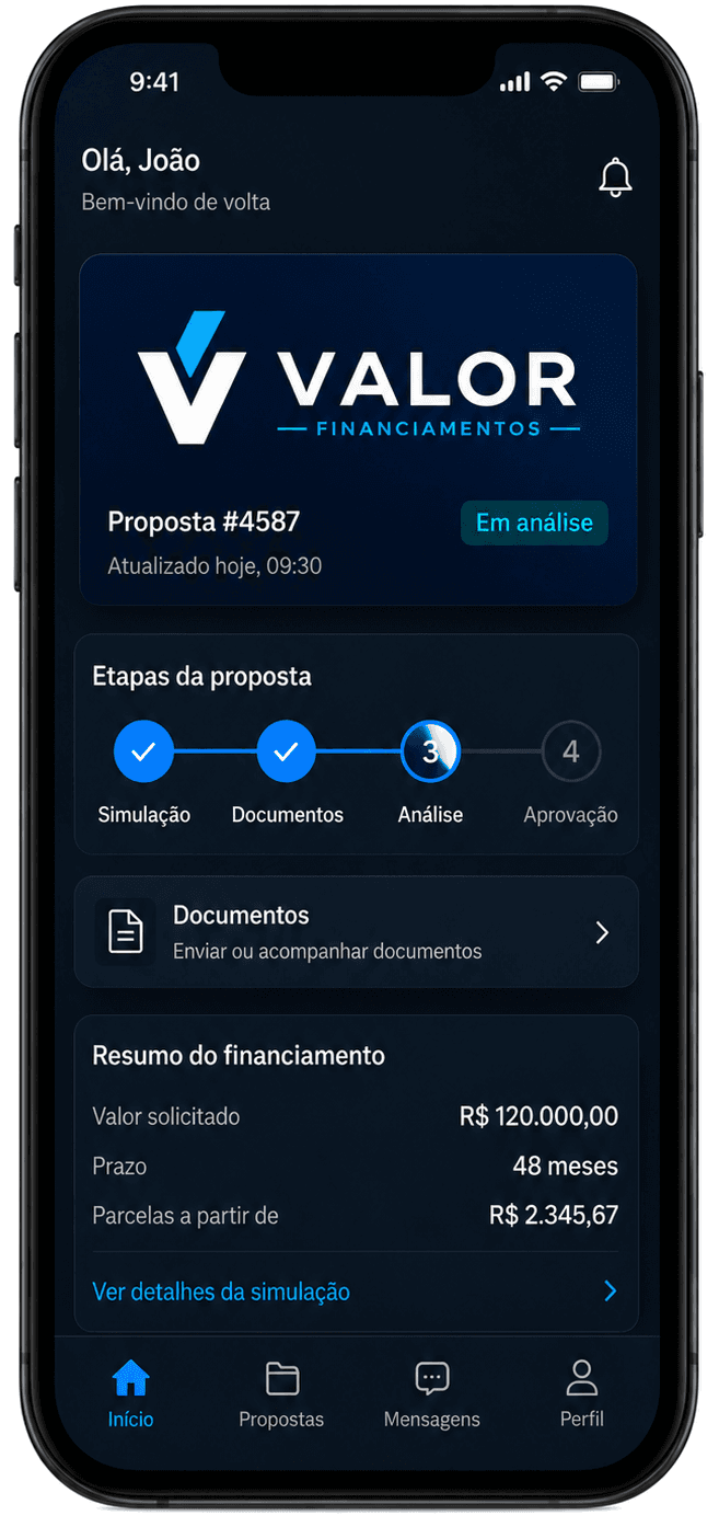 Tela do aplicativo Valor Financiamentos para acompanhar uma proposta