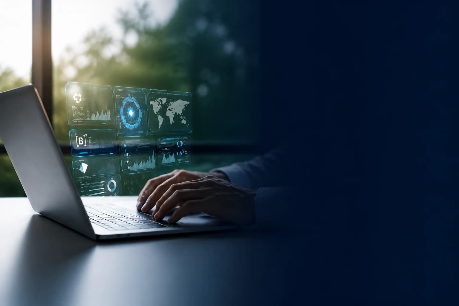 Profissional utilizando notebook com painéis digitais de dados financeiros
