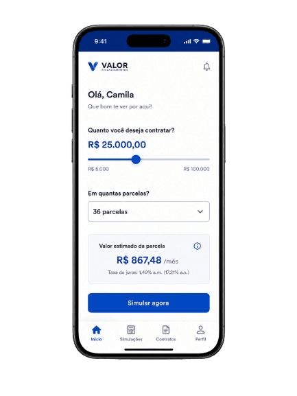 Simulador de crédito pessoal da Valor Financiamentos no celular