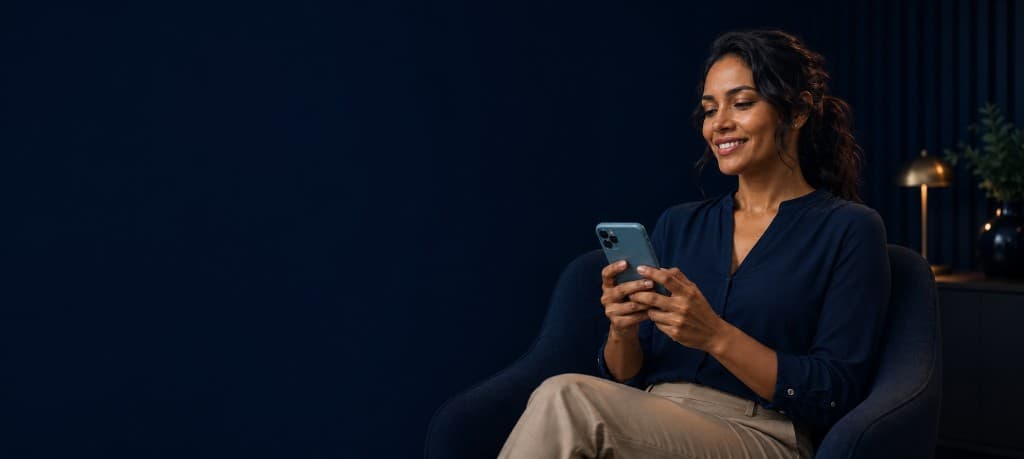 Profissional consultando informações financeiras pelo celular em ambiente corporativo