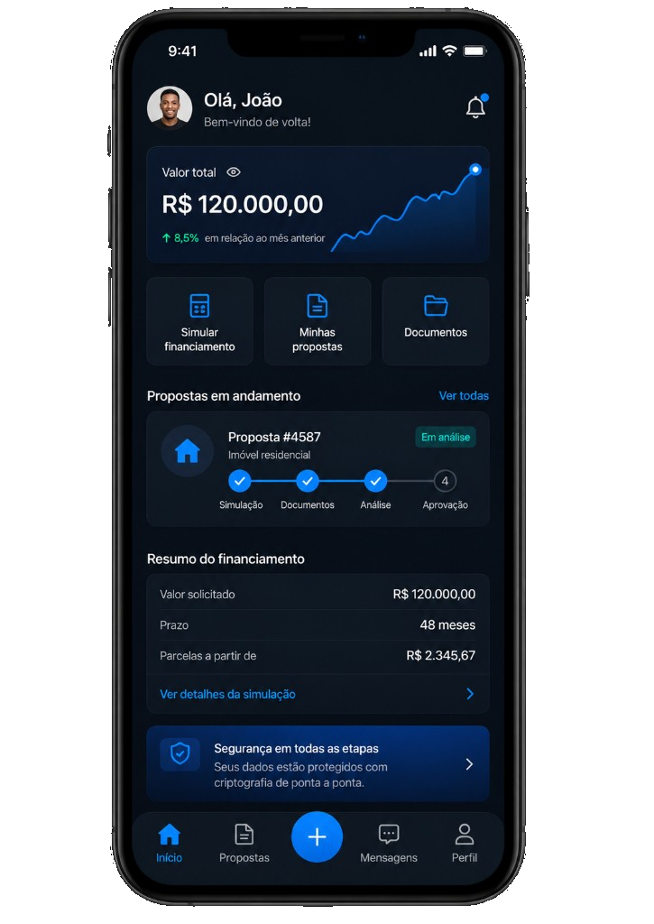 Tela do aplicativo Valor Financiamentos com propostas, simulação e resumo do financiamento